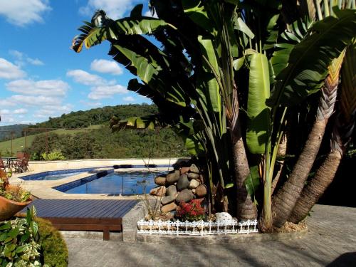 einen Pool mit einer Bank und Palmen in der Unterkunft Casa Branca Pousada in Pomerode