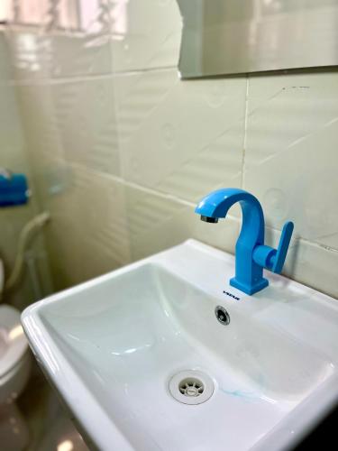 a sink with a blue faucet in a bathroom at The John Apartment in Murtala Muhammed International Airport