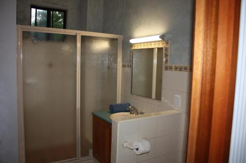 a bathroom with a shower and a sink and a mirror at Apartments at Blue Seas Resort in Broome