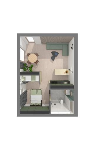 a rendering of a small kitchen with blue cabinets at Haus am FELS Steinbrech in Hermagor