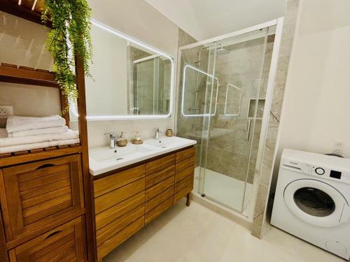 a bathroom with a sink and a washing machine at Le Kozy - Appartement 2 pièces climatisé au coeur de Vendôme avec parking in Vendôme