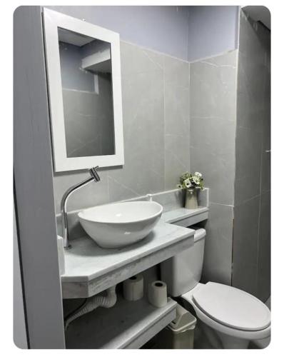 a bathroom with a sink and a toilet and a mirror at Condomínio Central Casa Luíza in Uruguaiana
