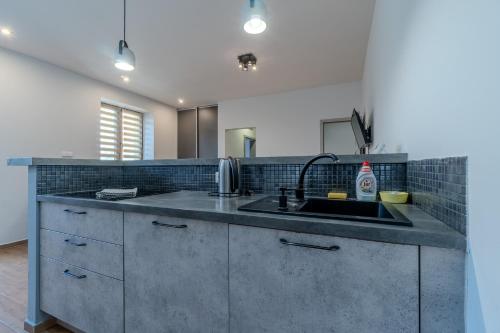 a kitchen with a sink and a counter top at Apartmány Holiday in Ostrava