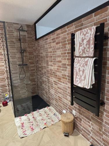 a bathroom with a brick wall and a mirror at Loft dans les vignes in La Cadière-dʼAzur