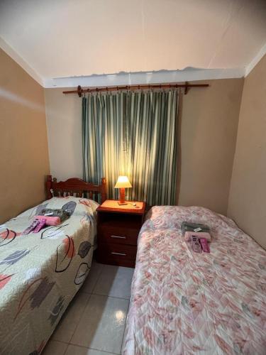 a bedroom with two beds and a table with a lamp at Electra hospedaje familiar in Chicoana