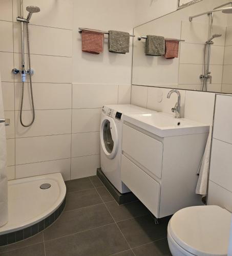 a bathroom with a washing machine and a sink at Hafenblick in Kiel