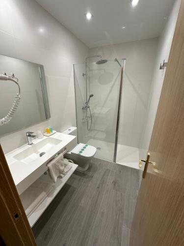 a bathroom with a shower and a sink and a toilet at Hotel Maria del Mar in Noja