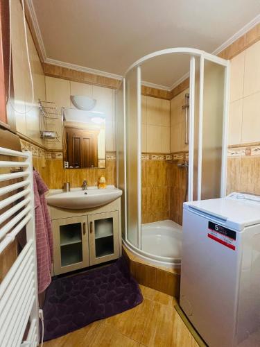 a small bathroom with a sink and a shower at Zruby Liptovský Ján in Liptovský Ján