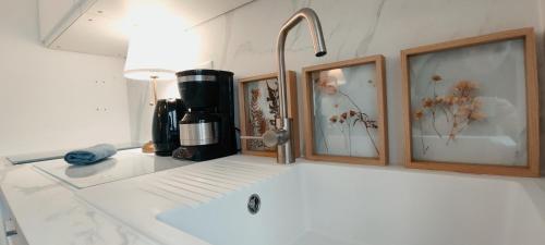 a kitchen counter with a sink and a faucet at PARIS AUTHENTIC HOUSE Métro 7 Pierre et Marie Curie in Paris