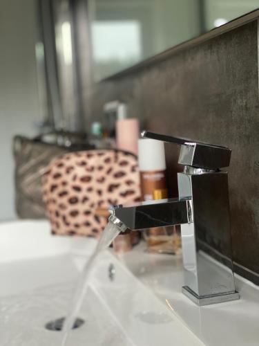 a faucet in a bathroom with a sink at Familiäres Pension Obere Juchhe in Gräfenthal