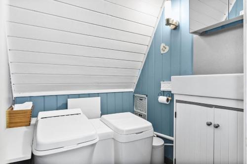 a bathroom with a white toilet and a sink at Trekanthytte in Moss
