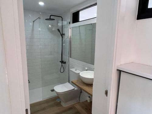 a bathroom with a toilet and a sink and a shower at Dunasol 311 in Corralejo