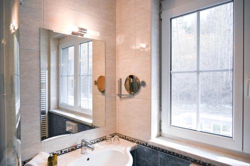 a bathroom with a sink and a mirror and a window at Maltschacher Seewirt in Feldkirchen in Kärnten