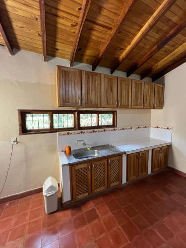 une cuisine avec un évier et des armoires en bois dans l'établissement Quinta El Edén Studenko, à Encarnación