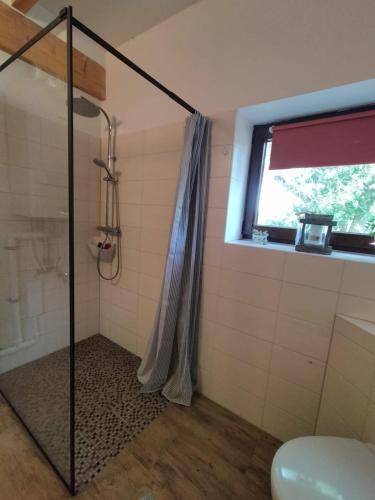 a bathroom with a shower with a shower curtain at Bullerbü in Fincken
