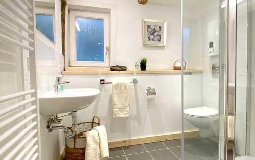 a white bathroom with a sink and a toilet at Landhaus Wahmbeck in Wahmbeck