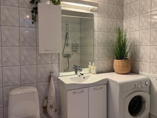 a bathroom with a sink and a washing machine at Grønebakkins smørøye in Beitostøl