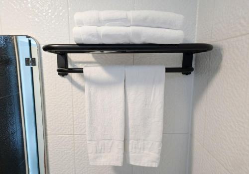 a group of towels on a towel rack in a bathroom at Ekonomy Hotel Myeongdong Premier in Seoul