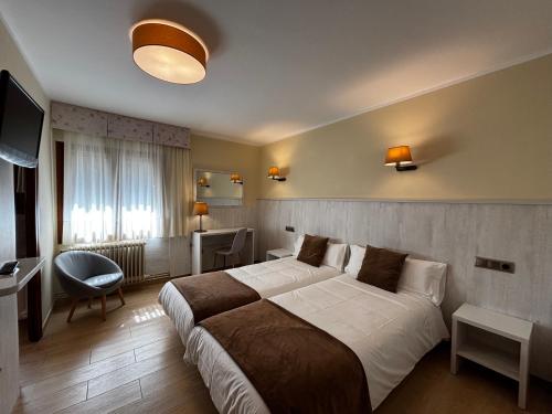 a hotel room with a large bed and a television at La Noguera de Llavorsí in Llavorsí