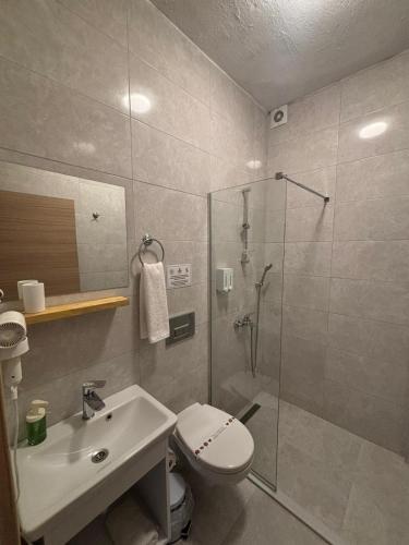 a bathroom with a shower and a toilet and a sink at Kırçak Konak in Çeşme