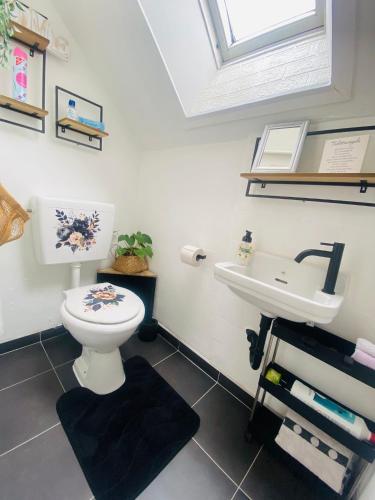 a bathroom with a toilet and a sink at Schatte's kleines Appartement in Seelze in Seelze