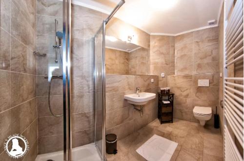La salle de bains est pourvue d'une douche, d'un lavabo et de toilettes. dans l'établissement Penzion v Zálesí, à Mladá Boleslav