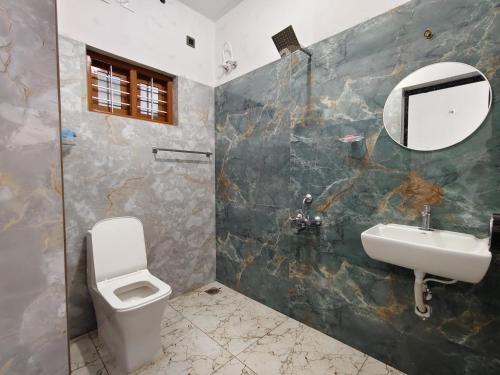 a bathroom with a sink and a toilet and a mirror at The Haira Varkala in Varkala