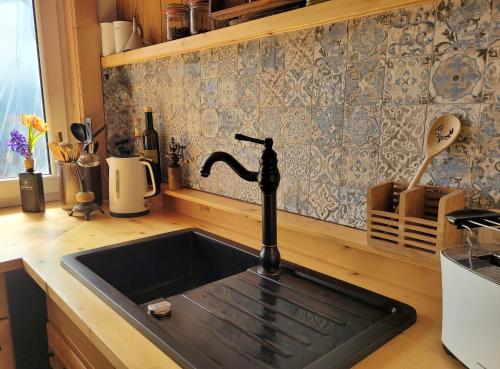 a kitchen sink with a faucet on a counter at Ferienhaus Rasselbock in Waltershausen
