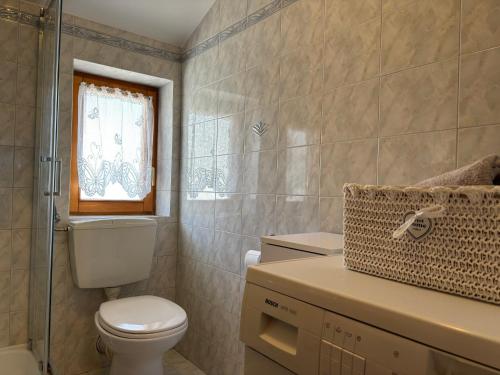 a bathroom with a toilet and a sink and a window at Apartman Karla in Selce