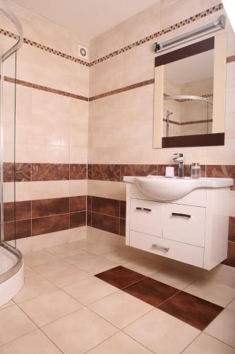 a bathroom with a sink and a shower at Hotel Kotva in Bratislava