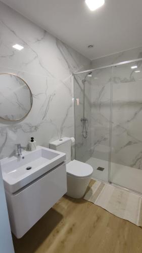a bathroom with a sink and a toilet and a shower at Casas de Correndelos in Ponte de Lima