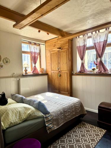 a bedroom with a bed and two windows at Stadtvilla Jelena Mengen in Mengen