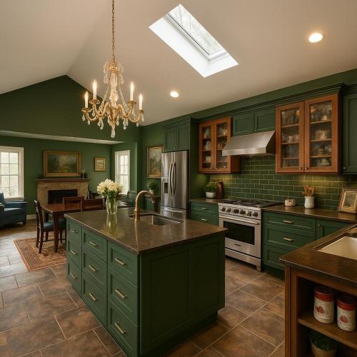 a large kitchen with green cabinets and a chandelier at The Woodlands in The Woodlands