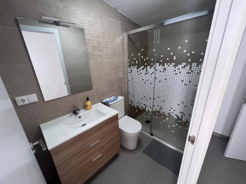 a bathroom with a toilet and a shower and a sink at Casa Rural Las Vueltas in Mula