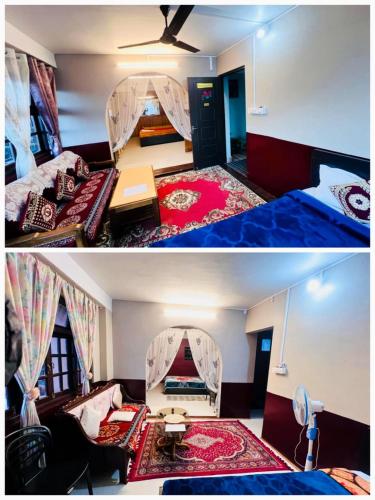 a room with two beds and a living room at Duke's RestHome in Kalimpong