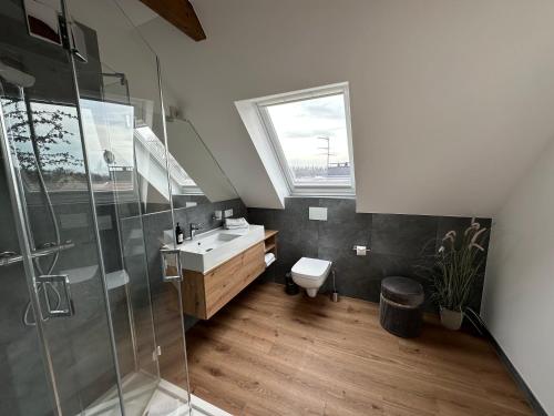 a bathroom with a toilet and a sink and a window at StrandBerg's Onkel Tommys Hütte in Braunlage