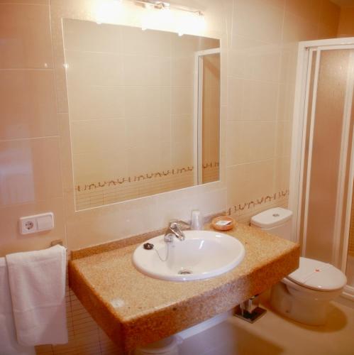 a bathroom with a sink and a toilet and a mirror at hotel rural ATALAYA in Alcañices