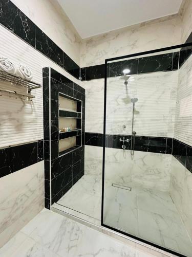 a bathroom with a walk in shower and a glass at Malak house swimming pool &Garden in Luxor