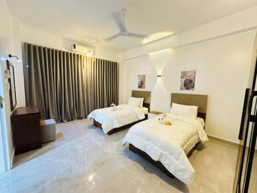 a hotel room with two beds and a television at Malak house swimming pool &Garden in Luxor