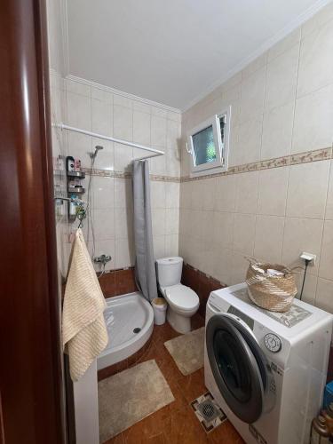 a bathroom with a washing machine and a toilet at Nadya Holiday Home in Karianí
