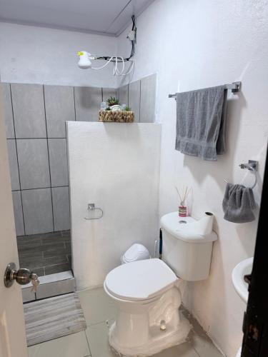 a white bathroom with a toilet and a sink at Las cabañas in Jacó