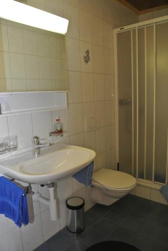 a bathroom with a sink and a toilet and a shower at Pension Hof zur Stilli in Davos