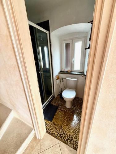 a bathroom with a toilet and a walk in shower at Family Apartman Baška in Baška