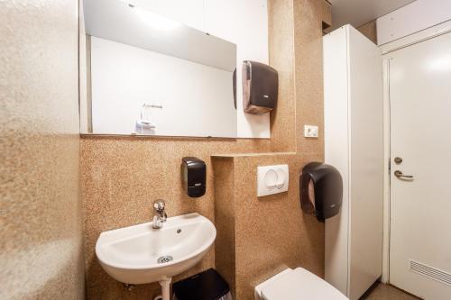 a bathroom with a sink and a toilet and a mirror at Guesthouse Andrea in Reykjavík