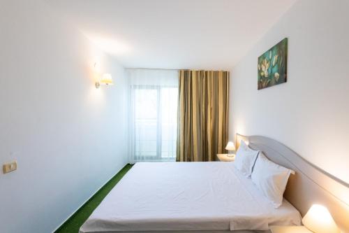 a hotel room with a bed and a window at Complex Bran Brad Bega in Eforie Nord