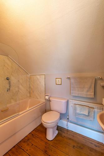 a bathroom with a toilet and a tub and a sink at The Loft in Redcross