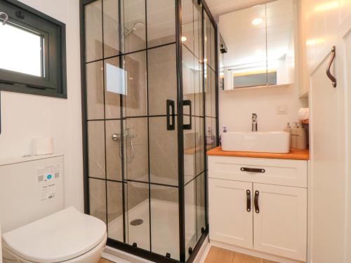 a bathroom with a shower and a toilet and a sink at The Tiny Home in Yarm