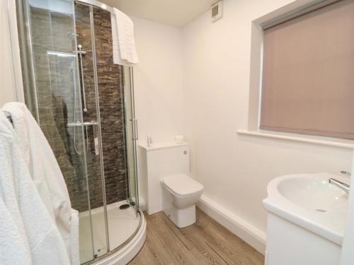 a bathroom with a shower and a toilet and a sink at Toote Suite in Yarm