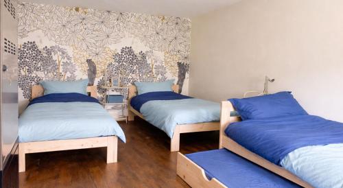 two beds in a room with blue pillows at Gîte du Gacet in Trévérien