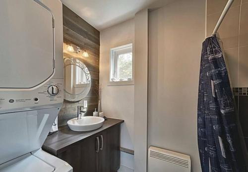 a bathroom with a sink and a mirror at Lakeside Lodge at Tremblant in Brébeuf